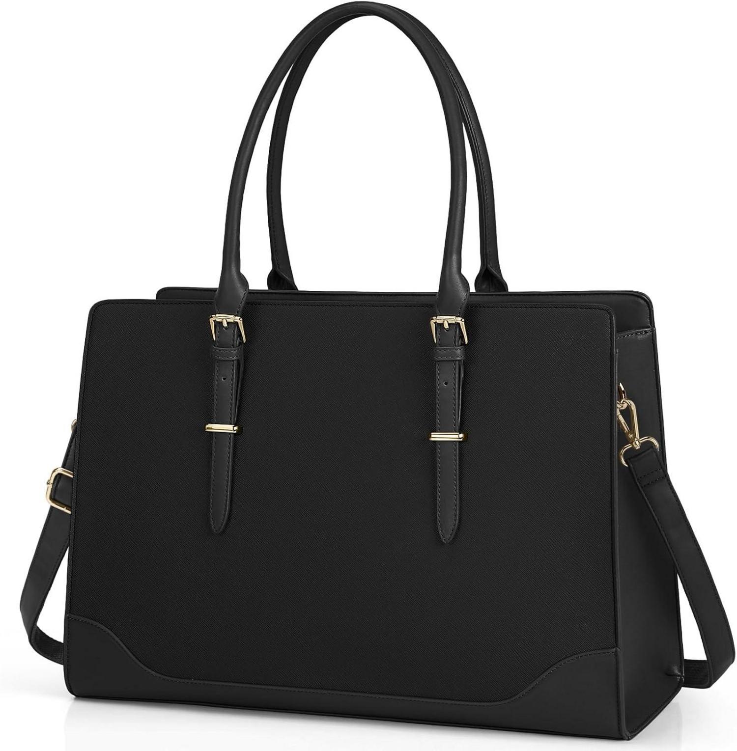 Schwarze Laptoptasche Damen 15.6 Zoll PU Leder Shopper