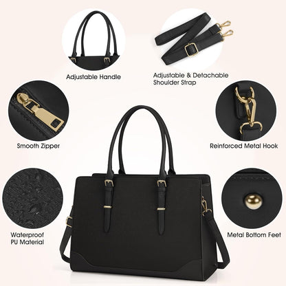 IGOLUMON Damen Handtasche Schwarz PU Leder Laptoptasche 15.6 Zoll