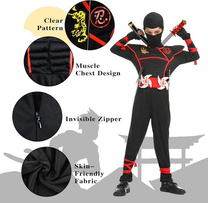 Ninja Kostüm Kinder Set 13-teilig Karneval Muskel Zubehör Jungen Mädchen
