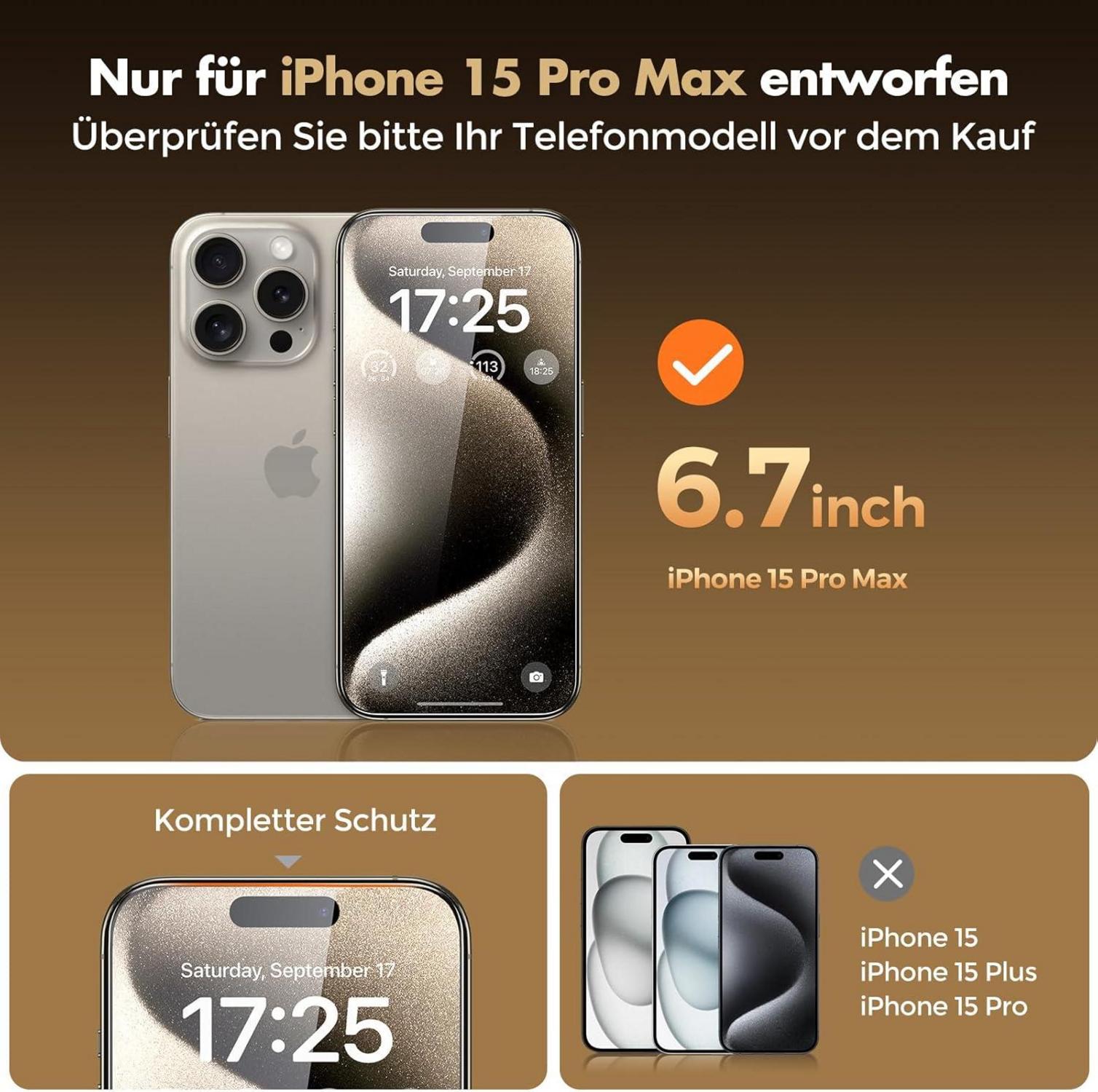Panzer Sichtschutz Glas für iPhone 15 Pro Max 6,7 Zoll