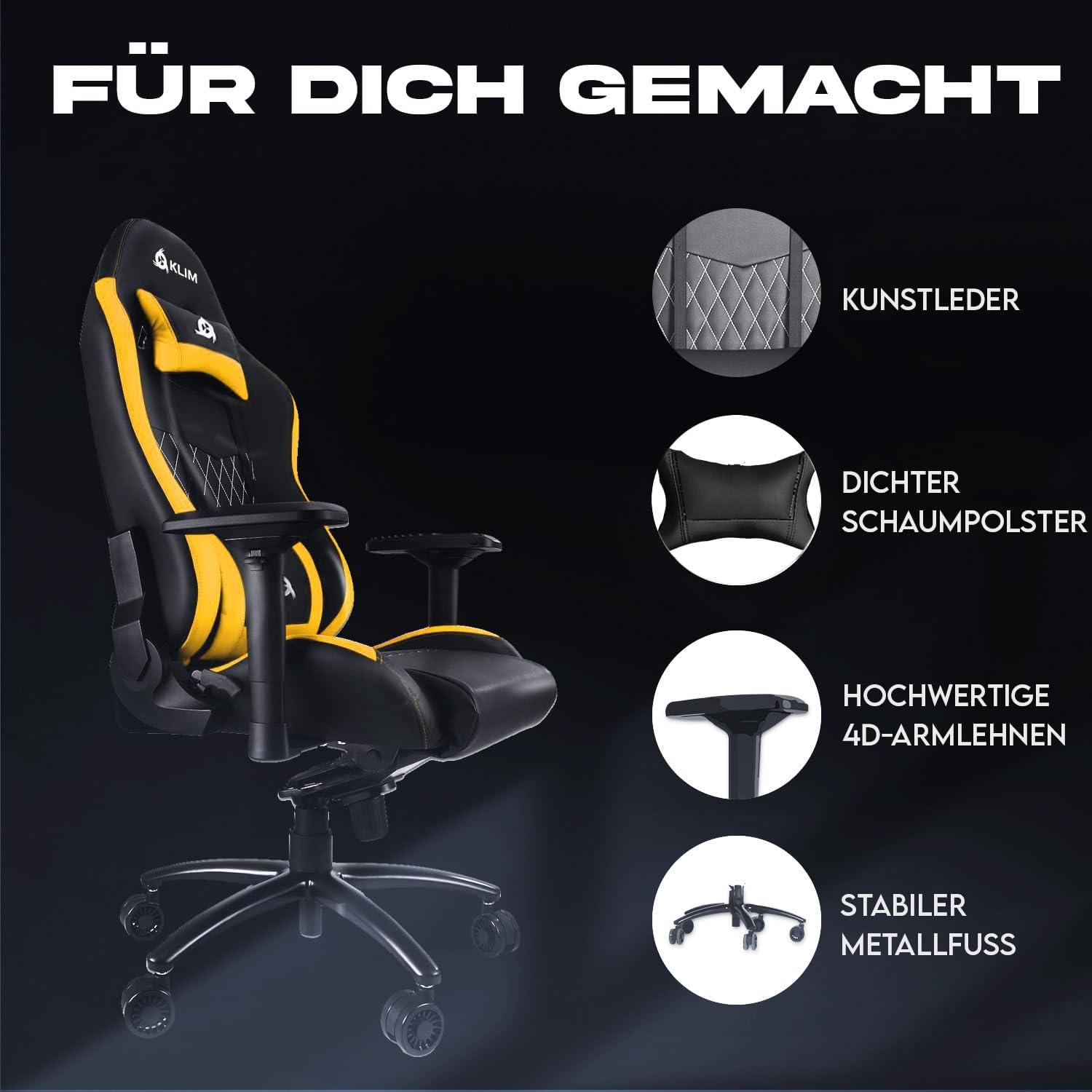KLIM Esports Gaming Stuhl Lila mit Lenden- & Nackenstütze aus Kunstleder - Verstellbarer Ergonomie PC Sessel - Premiummaterialien & Gelb