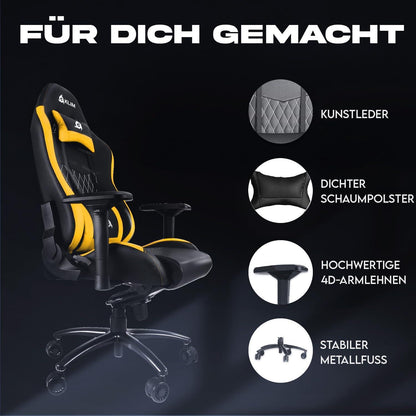 KLIM Esports Gaming Stuhl Lila mit Lenden- & Nackenstütze aus Kunstleder - Verstellbarer Ergonomie PC Sessel - Premiummaterialien & Gelb