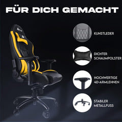 KLIM Esports Gaming Stuhl Lila mit Lenden- & Nackenstütze aus Kunstleder - Verstellbarer Ergonomie PC Sessel - Premiummaterialien & Gelb