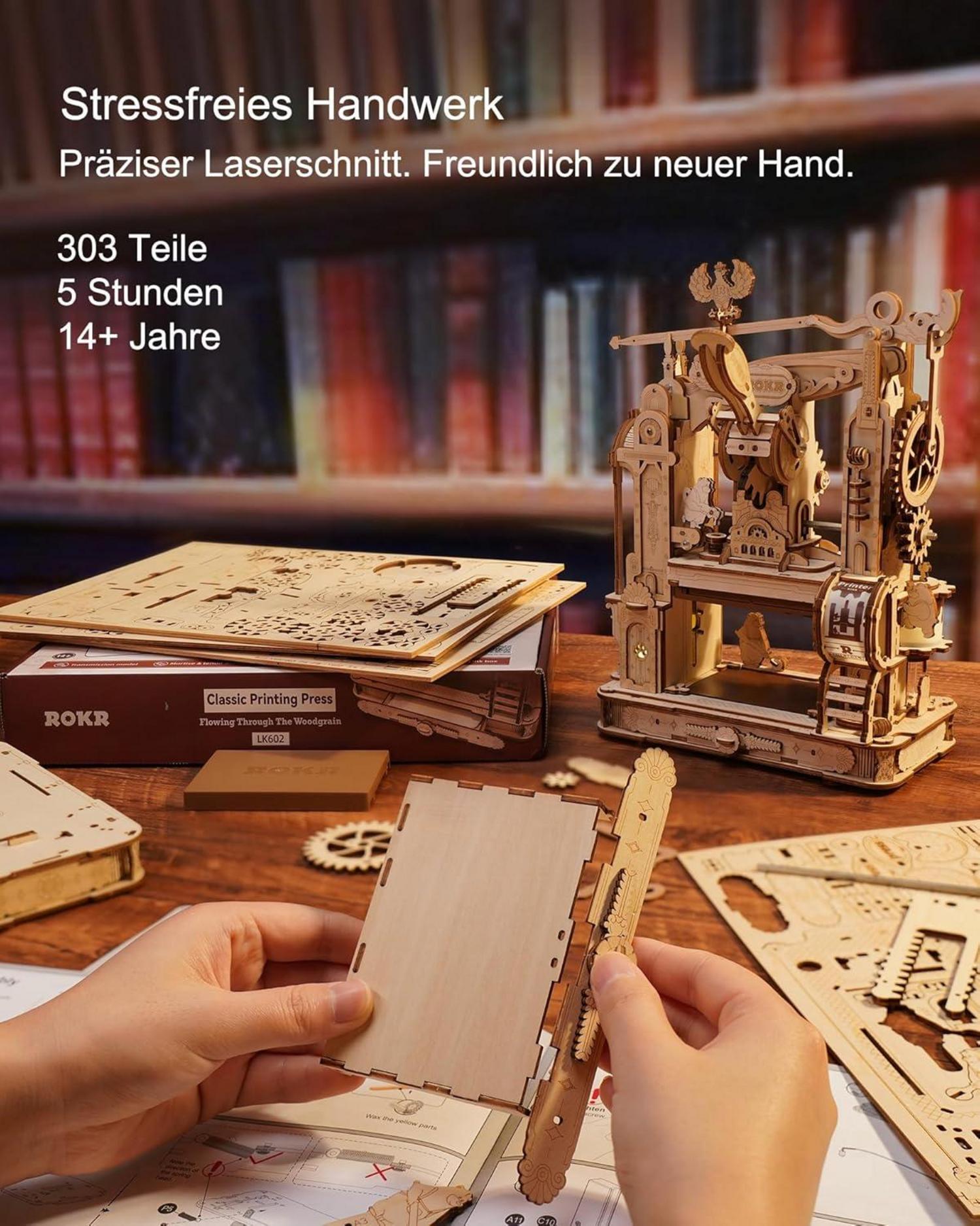 ROKR 3D Holz Puzzle Druckmaschine DIY Erwachsene 303 Teile Getriebe