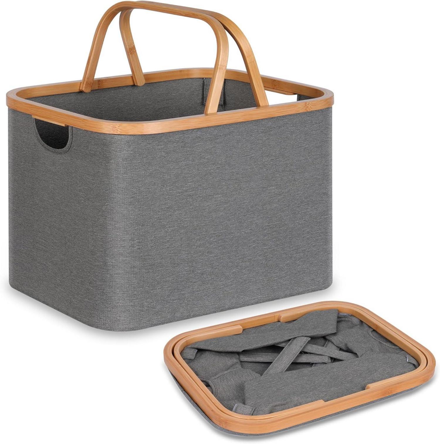 Faltbarer Bambus Wäschekorb 43L Grau Storage Basket