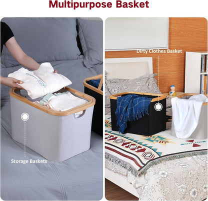 Faltbarer Wäschekorb 43L Bambus Stoff Storage Basket Hellgrau