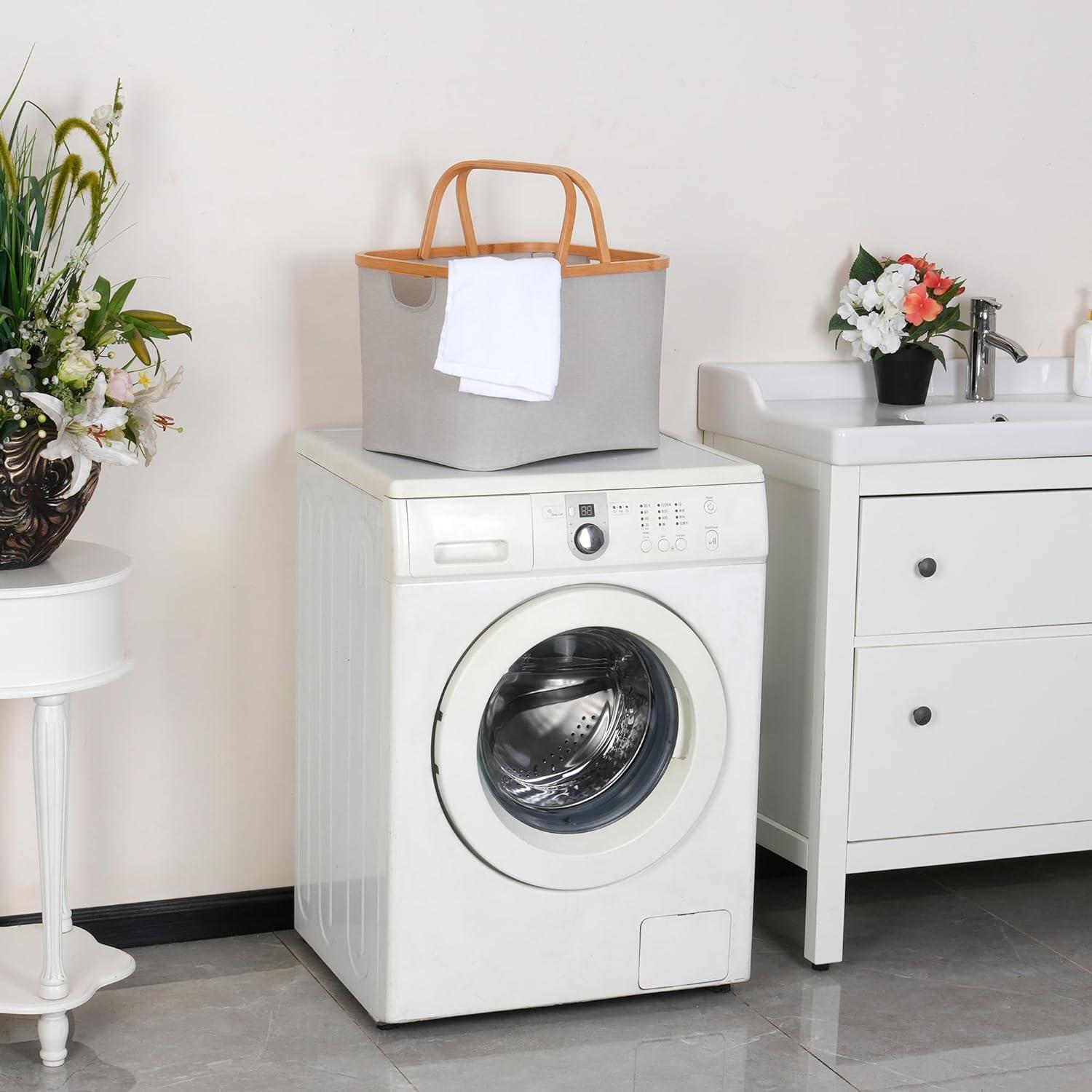 Faltbarer Wäschekorb 43L Bambus Stoff Storage Basket Hellgrau