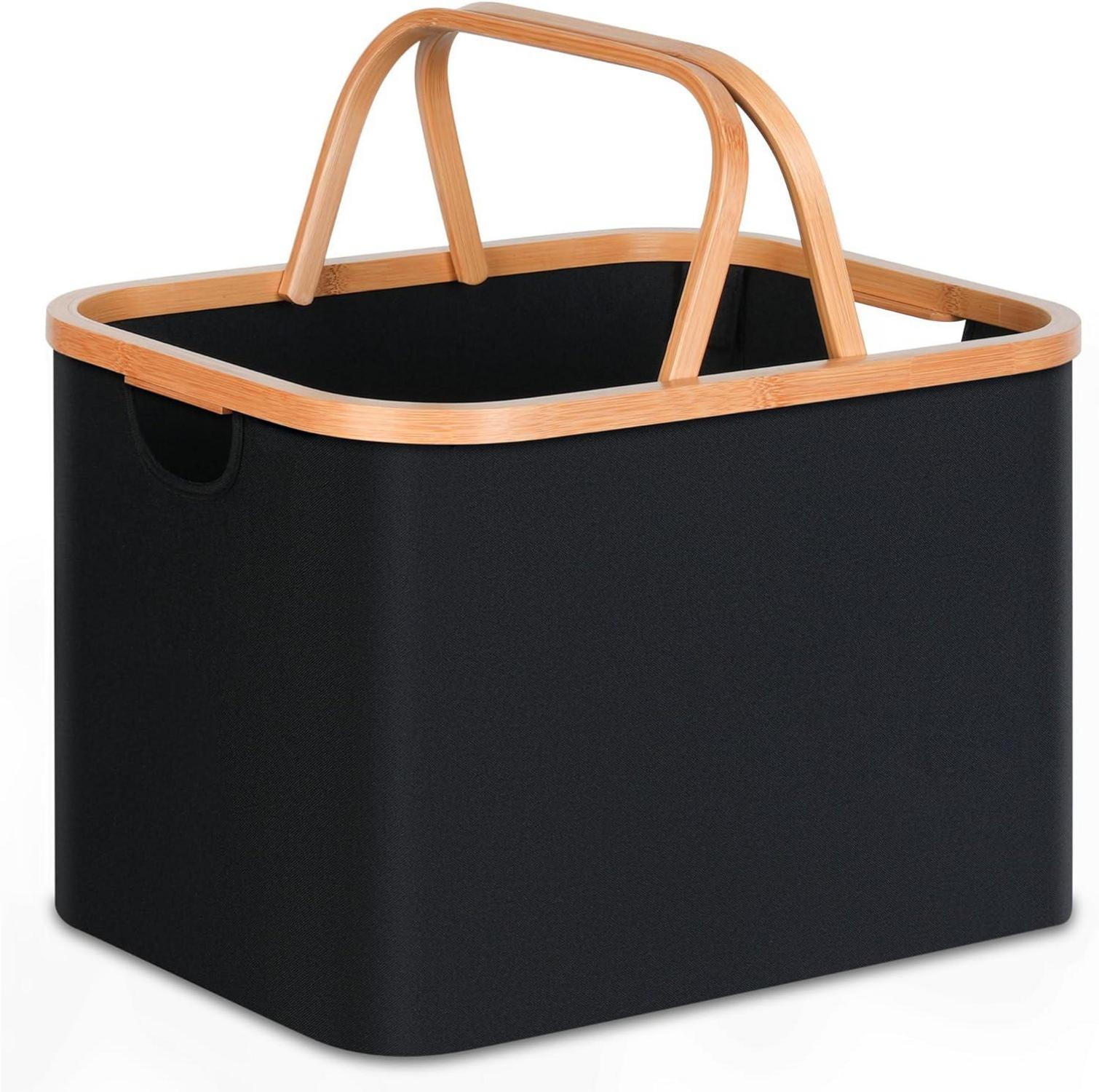 Efluky Wäschekorb Bambus Stoff 43L Schwarz, Faltbarer