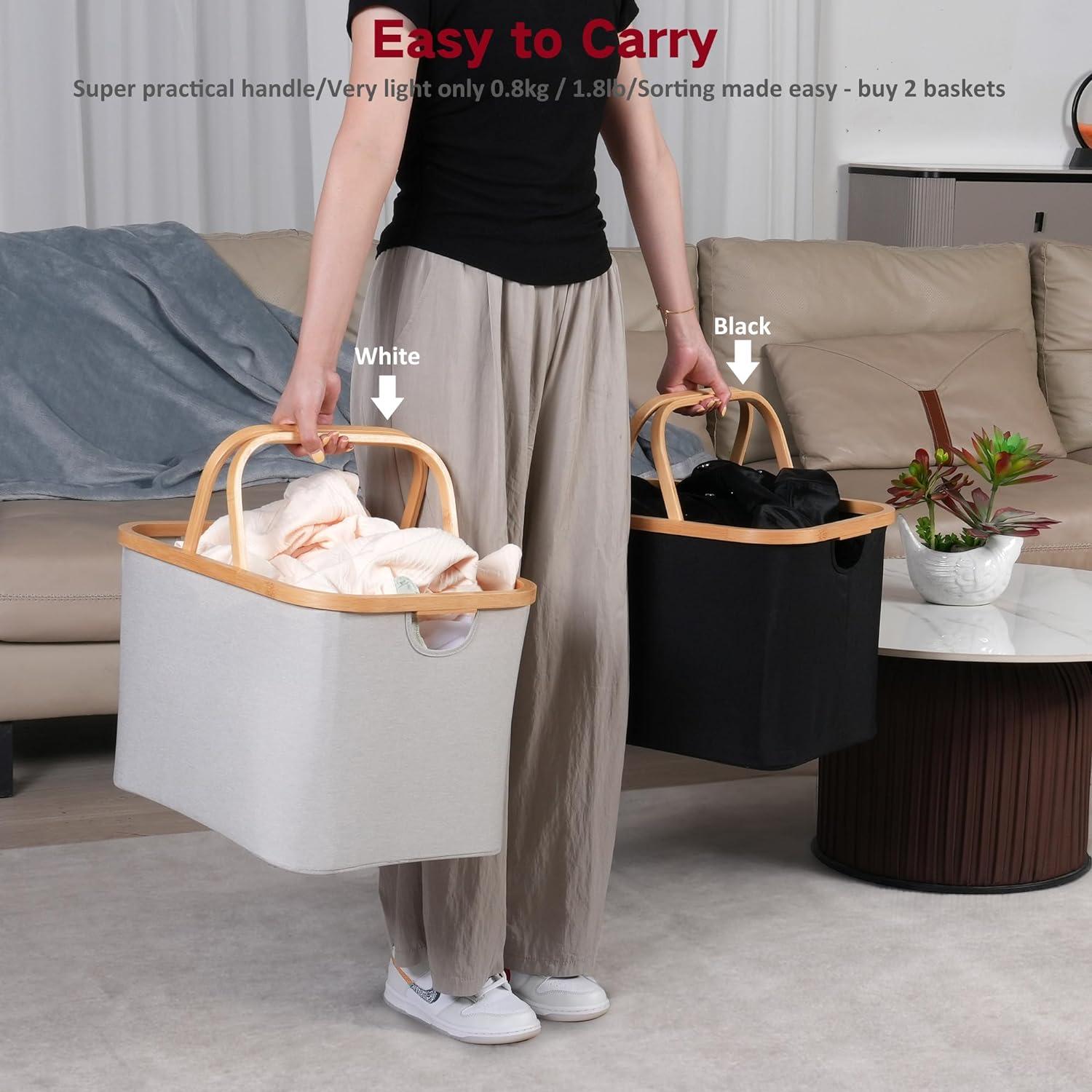 Faltbarer Wäschekorb 43L Bambus Stoff Aufbewahrung Schwarz