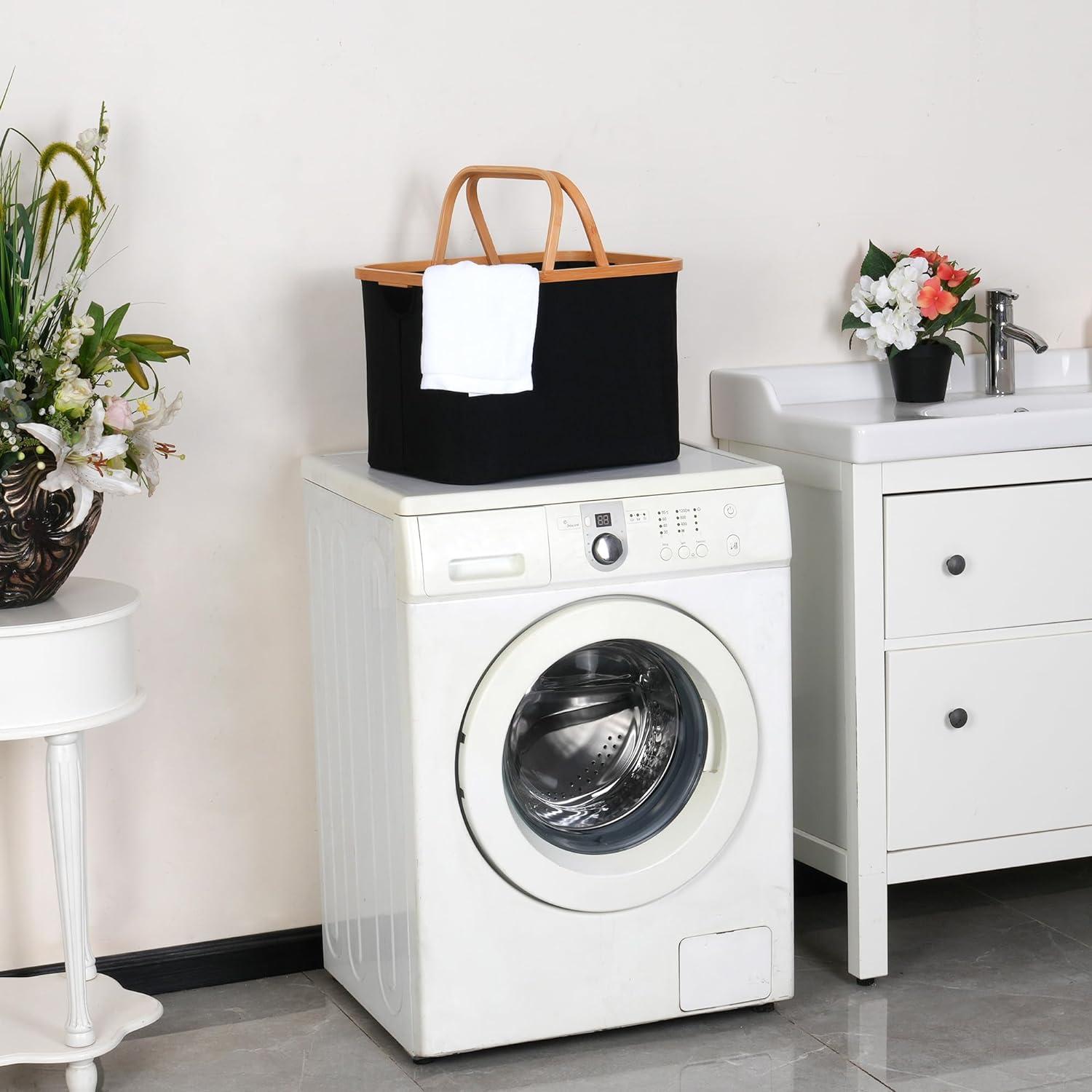 Faltbarer Wäschekorb 43L Bambus Stoff Storage Basket Schwarz