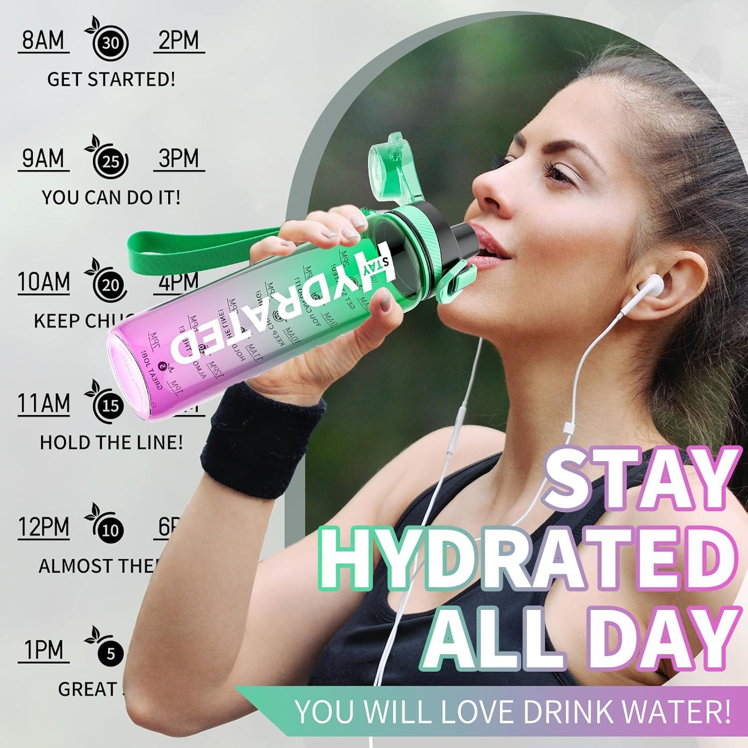 Mevoly Trinkflasche 1L BPA-Frei Tritan Zeitmarkierung Sport Mint Vine Violett