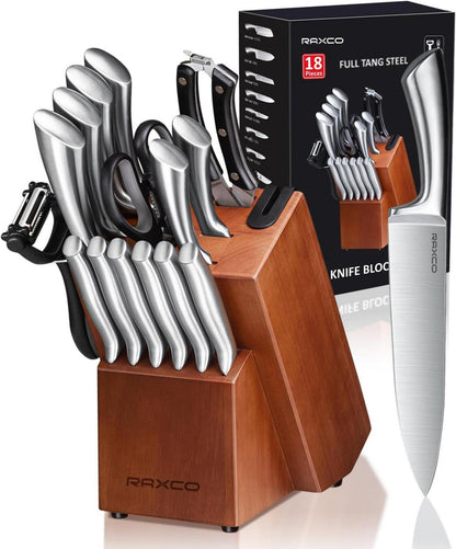 18-teiliges Edelstahl Küchenmesser Set mit Holzblock & Schärfer