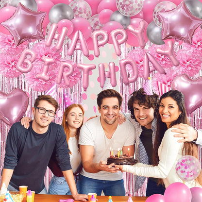 Rosa Happy Birthday Deko Set Pompons Fransen Ballons Mädchen Damen