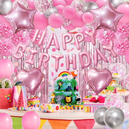 Rosa Happy Birthday Deko Set Pompons Fransen Ballons Mädchen Damen