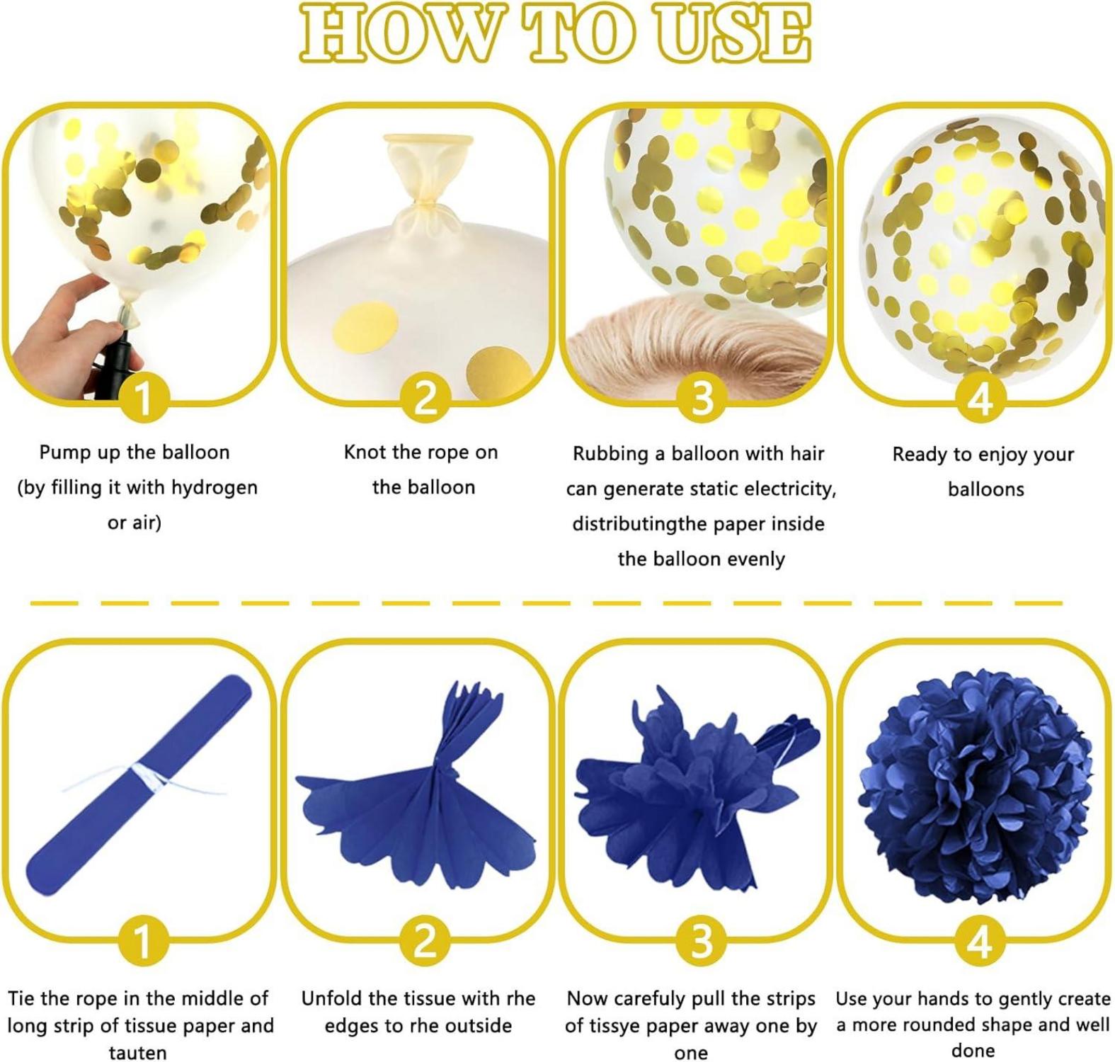 ZERODECO Geburtstagsdeko Marineblau Gold Party Set mit Pompons Luftballons