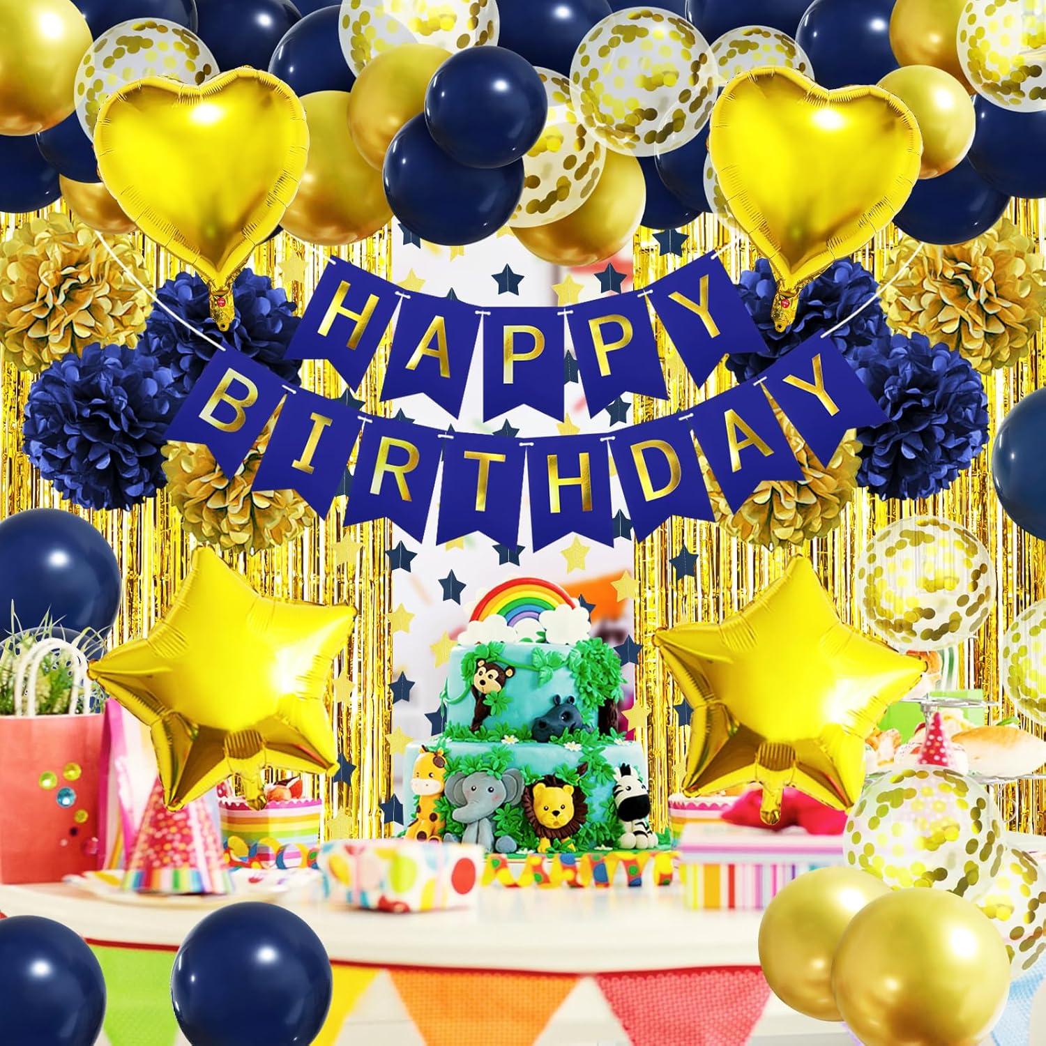ZERODECO Geburtstagsdeko Marineblau Gold Party Set mit Pompons Luftballons
