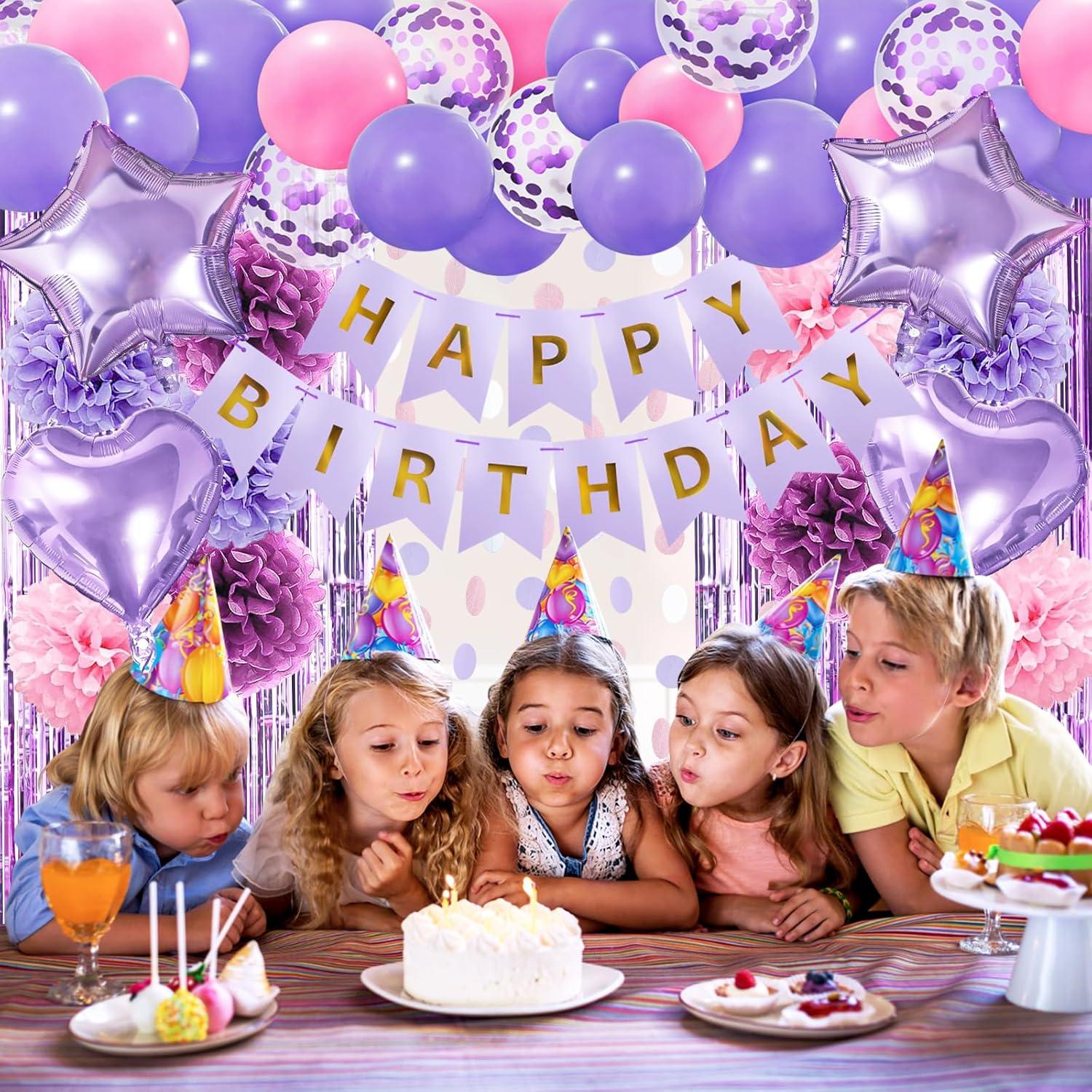 Lila Happy Birthday Dekoration Set Mädchen Violett Rosa Pompons