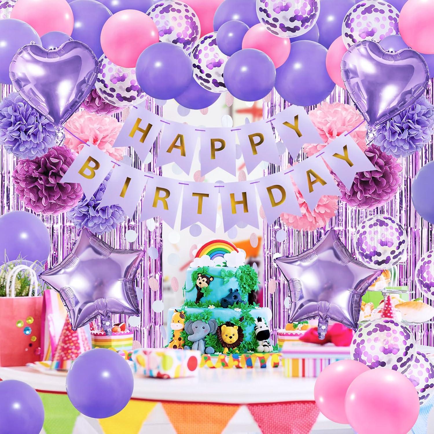 Lila Happy Birthday Party Set Mädchen Frauen Deko Luftballons Pompons