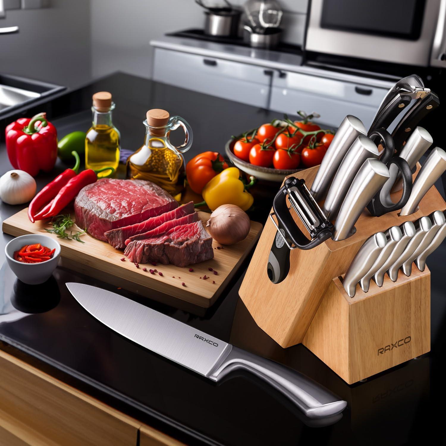 RAXCO Edelstahl Messerblock Set 18-teilig Profi Küchenmesser Steakmesser