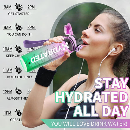 Mevoly Trinkflasche 1L BPA-frei Tritan Zeitmarkierung Abnehmbare Schnürung
