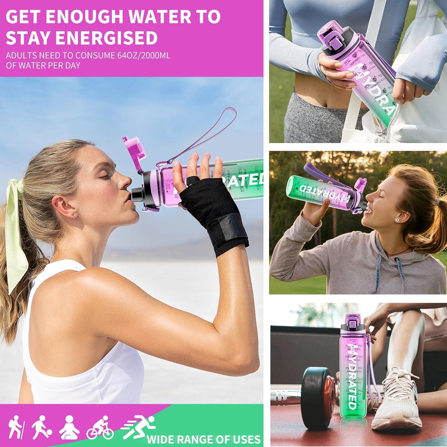 Mevoly Trinkflasche 1L BPA-frei Tritan Zeitmarkierung Abnehmbare Schnürung