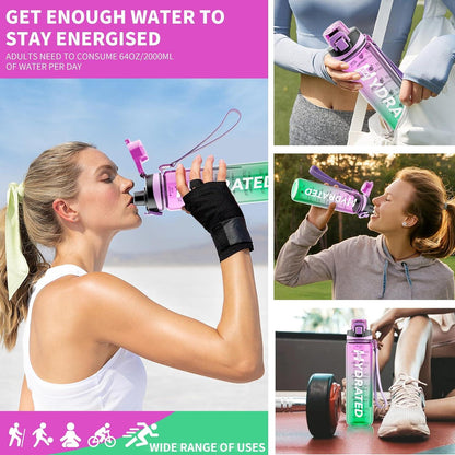 Mevoly Trinkflasche 1L BPA-frei Tritan Zeitmarkierung Abnehmbare Schnürung