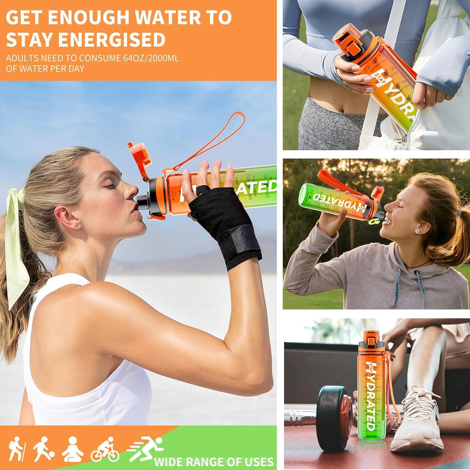 Mevoly Trinkflasche 1L BPA-Frei Tritan Sport Auslaufsicher Zeitmarkierung Taglilie Orange