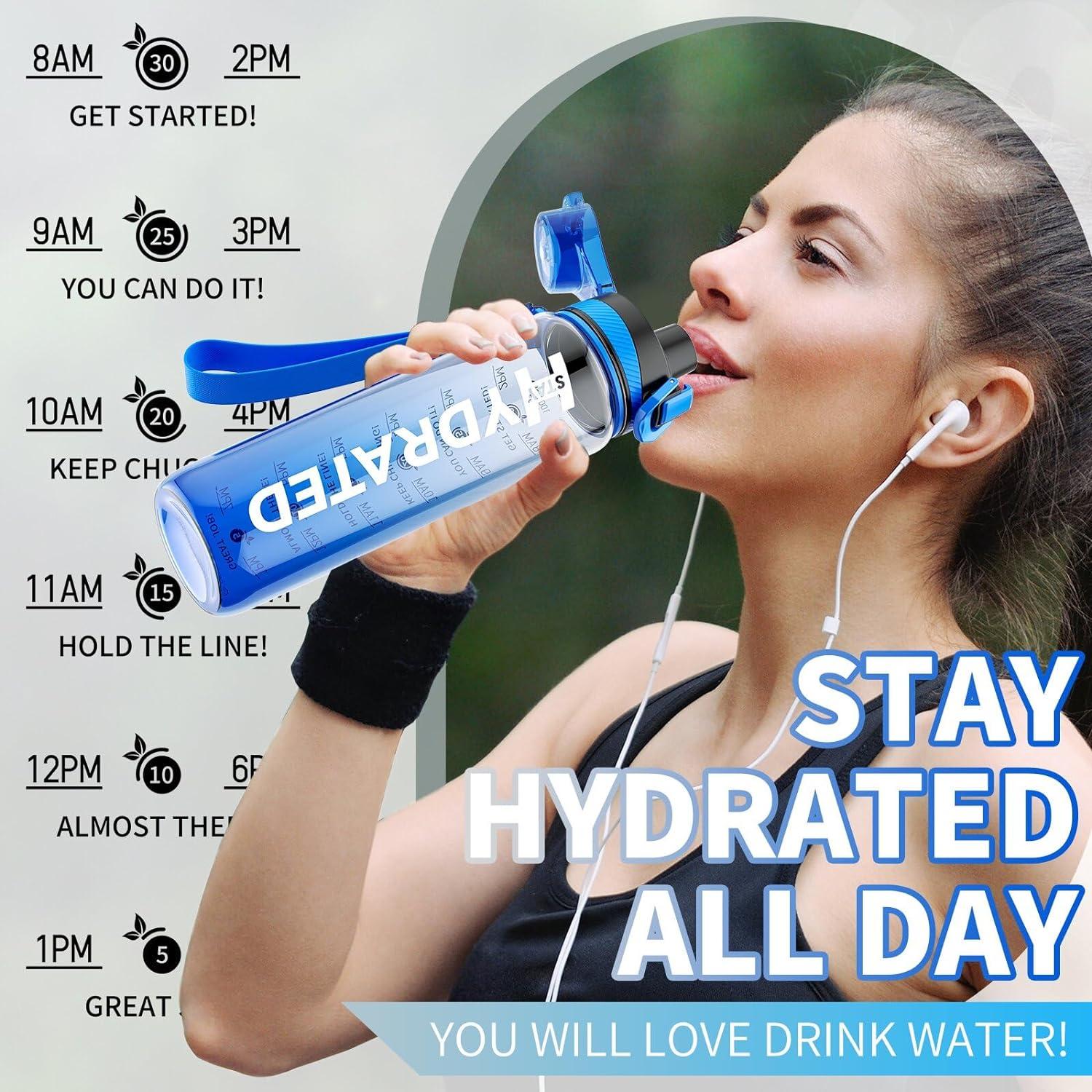 Trinkflasche 1L BPA-frei Tritan Sport Auslaufsicher mit Zeitmarkierung Blau