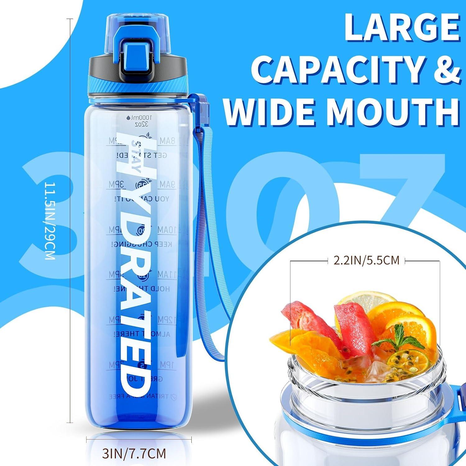Trinkflasche 1L BPA-Frei Tritan Sport Zeitmarkierung Blau