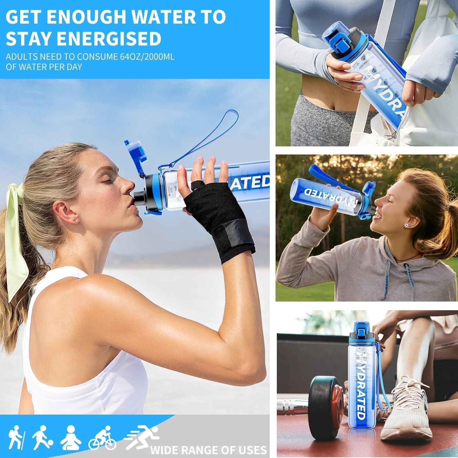 Trinkflasche 1L BPA-frei Tritan Sport Auslaufsicher mit Zeitmarkierung Blau