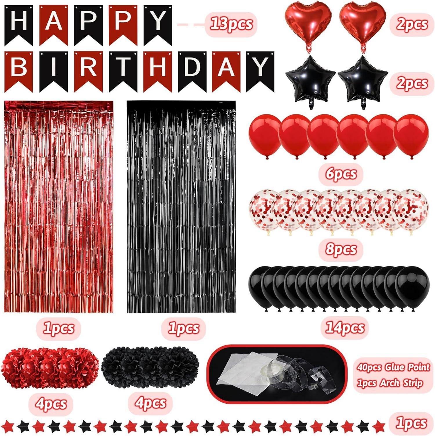 Geburtstagsdeko Set Schwarz Rot Happy Birthday Mädchen Damen