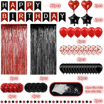 Geburtstagsdeko Set Schwarz Rot Happy Birthday Mädchen Damen