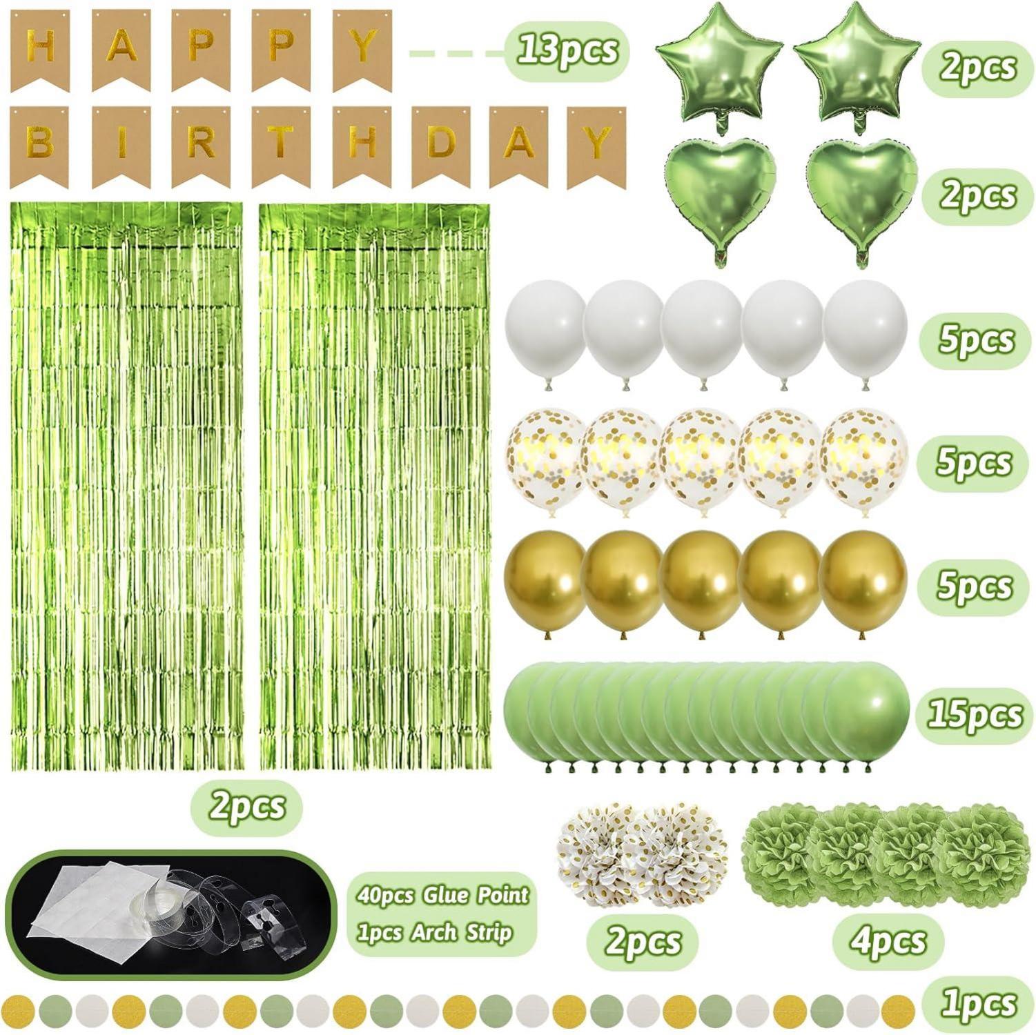 ZERODECO Geburtstagsdeko Grün Pompons Happy Birthday Banner