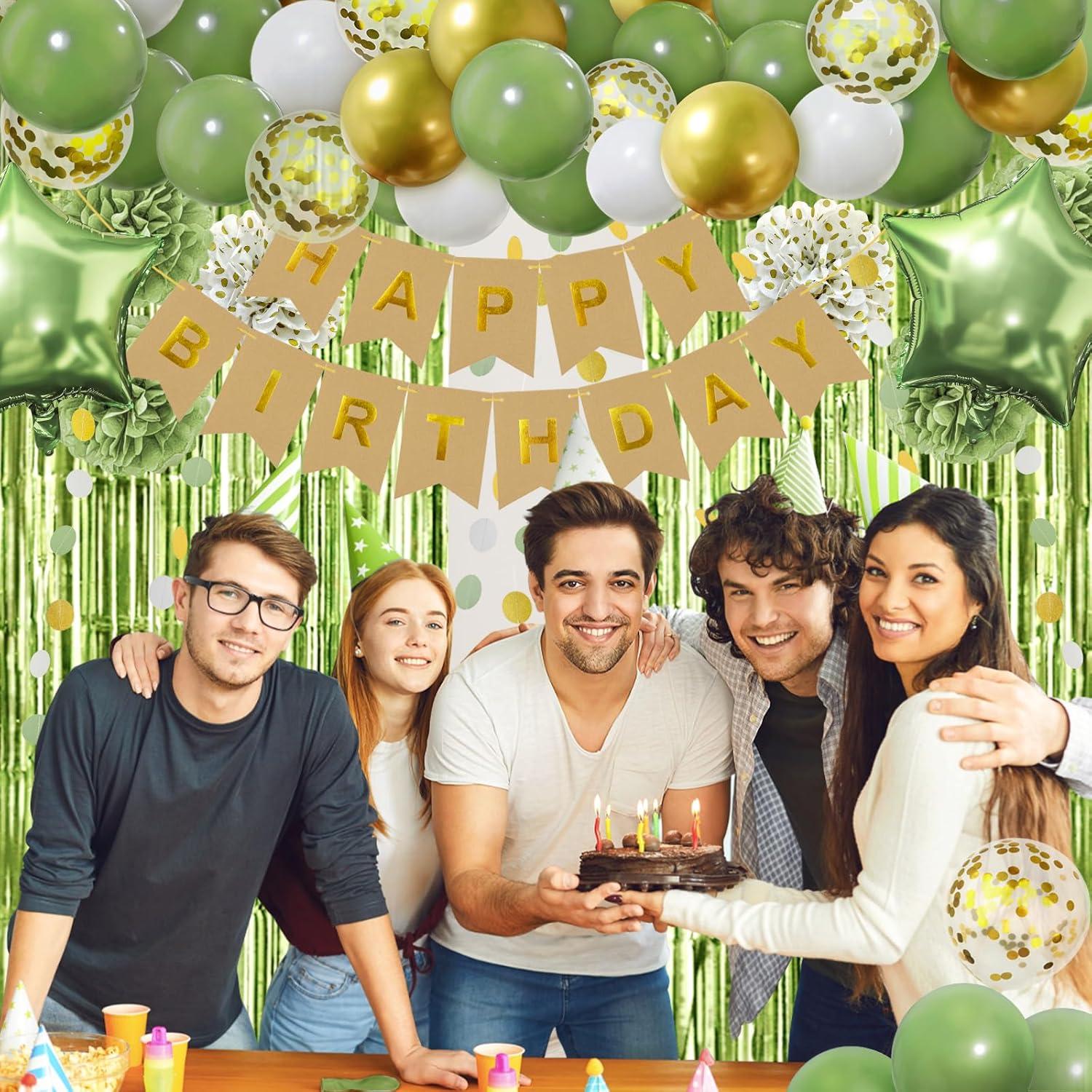 ZERODECO Geburtstagsdeko Grün Pompons Happy Birthday Retro Vorhang Gold Avocado