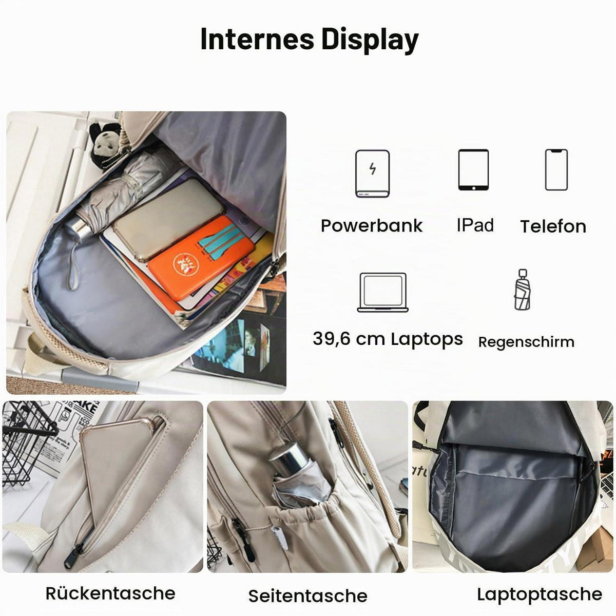 Schulrucksack Damen Daypack mit Laptopfach – Beige Weiß