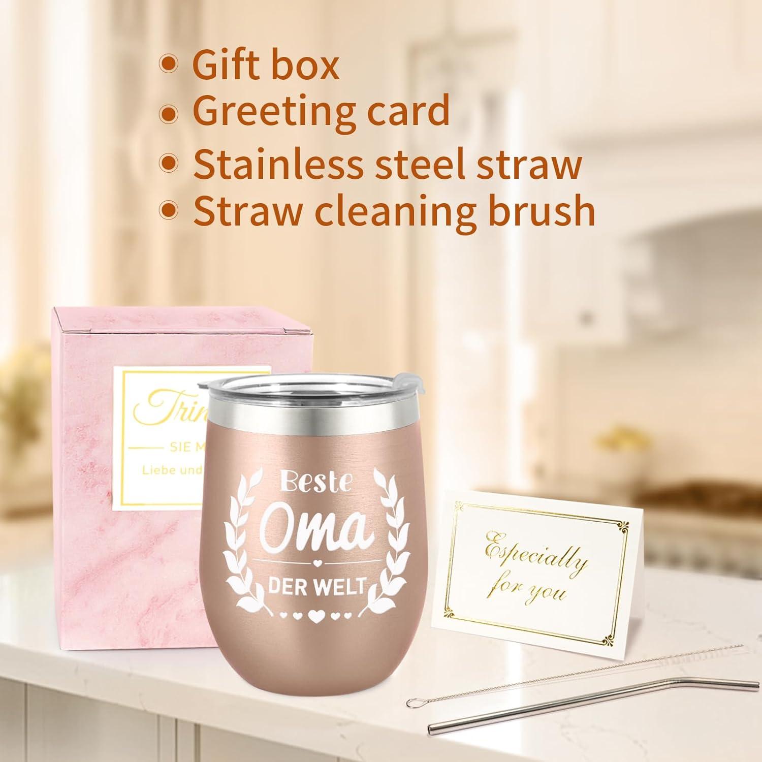 Geschenk für Oma Thermobecher Edelstahl 360ml mit Strohhalm & Bürste