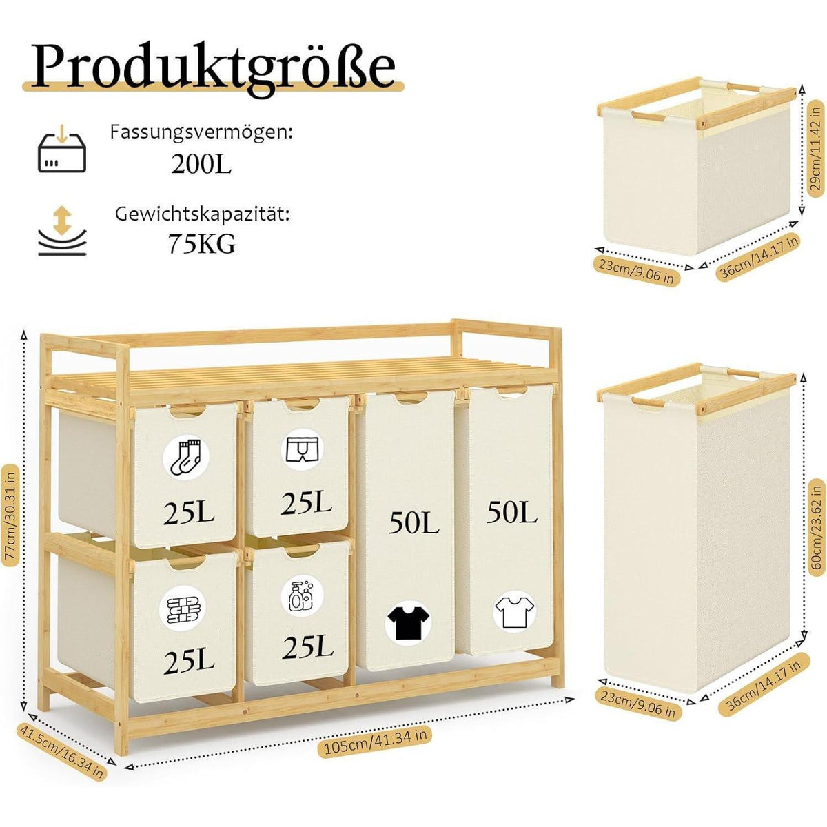 200L Wäschekorb mit 6 Fächern & Wäschesäcken