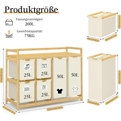 200L Wäschekorb mit 6 Fächern & Wäschesäcken