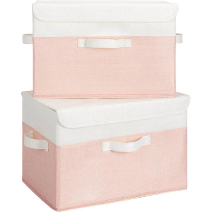 Aufbewahrungsboxen Stoff mit Deckel, 2er Set, faltbar, weiß-rosa