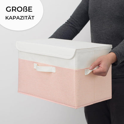 Aufbewahrungsboxen Stoff mit Deckel, 2er Set, faltbar, weiß-rosa