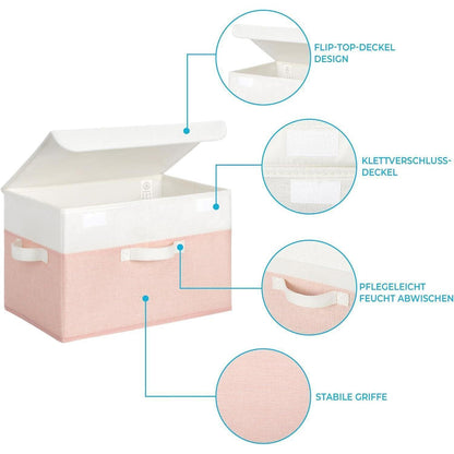 Aufbewahrungsboxen Stoff mit Deckel, 2er Set, faltbar, weiß-rosa
