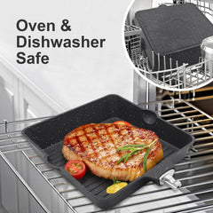 AIKENBBKK Grillpfanne 24x 24 cm Aluminium Steakpfanne Antihaft Beschichtung Spülmaschinen geeignet & Backofenfest Schwarz