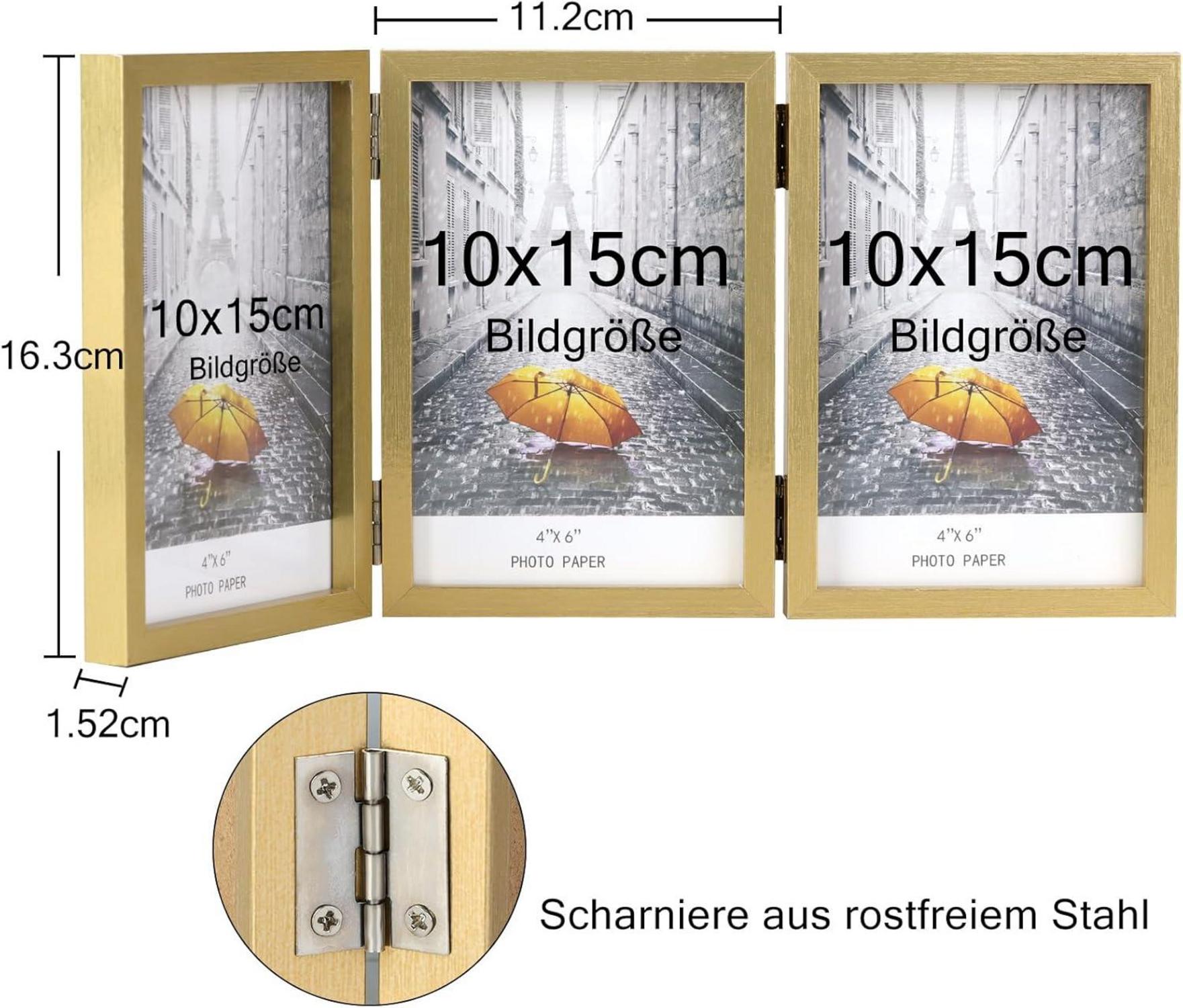 Bilderrahmen für 3 Fotos 10x15 cm Holz Fotorahmen Glasfront Gold