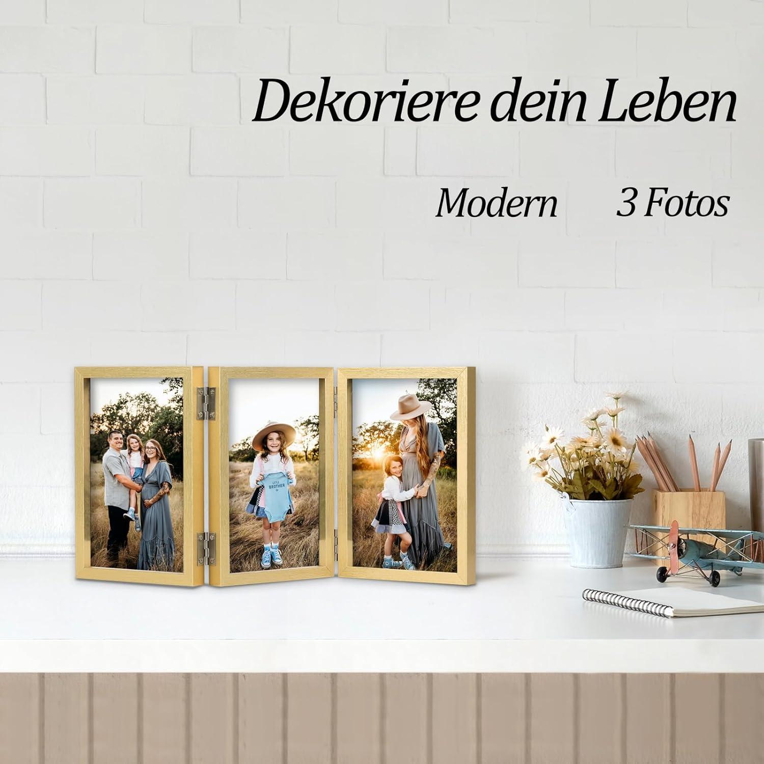 Bilderrahmen für 3 Fotos 10x15 cm Holz Gold mit Glasfront