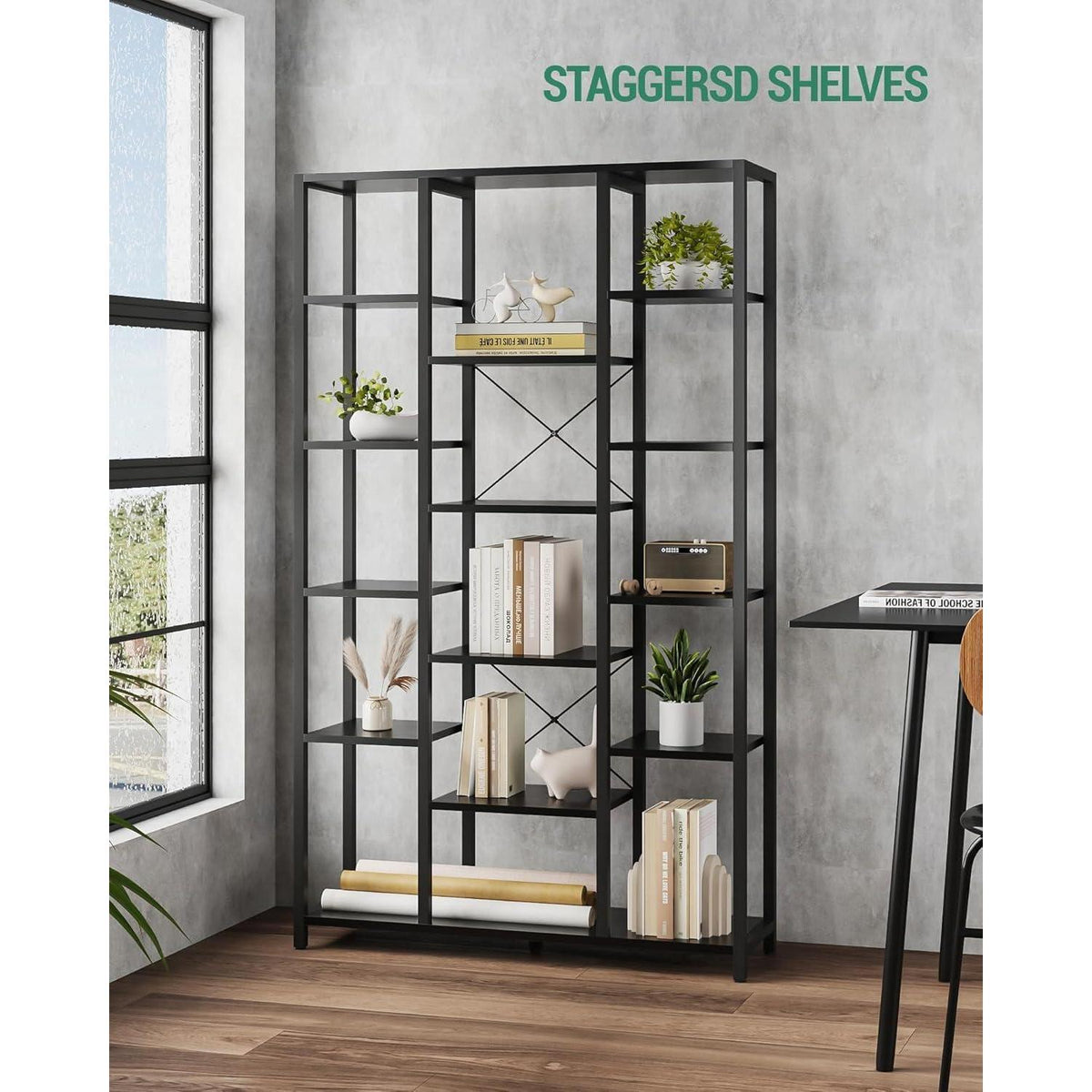 Standregal 6 Ebenen – Verstellbar, Schwarz & Holzoptik