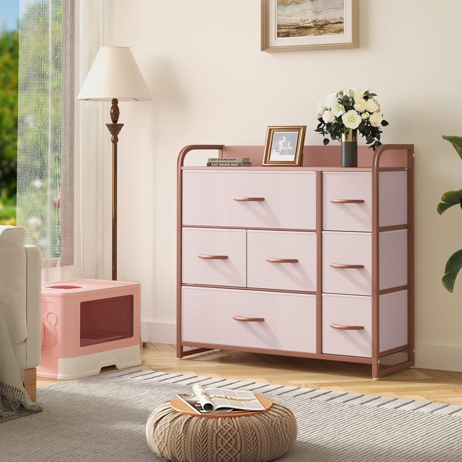 YITAHOME Aufbewahrungskommode 7 Schubladen Stoff Rosa Eiche