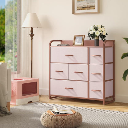 YITAHOME Aufbewahrungskommode 7 Schubladen Stoff Rosa Eiche