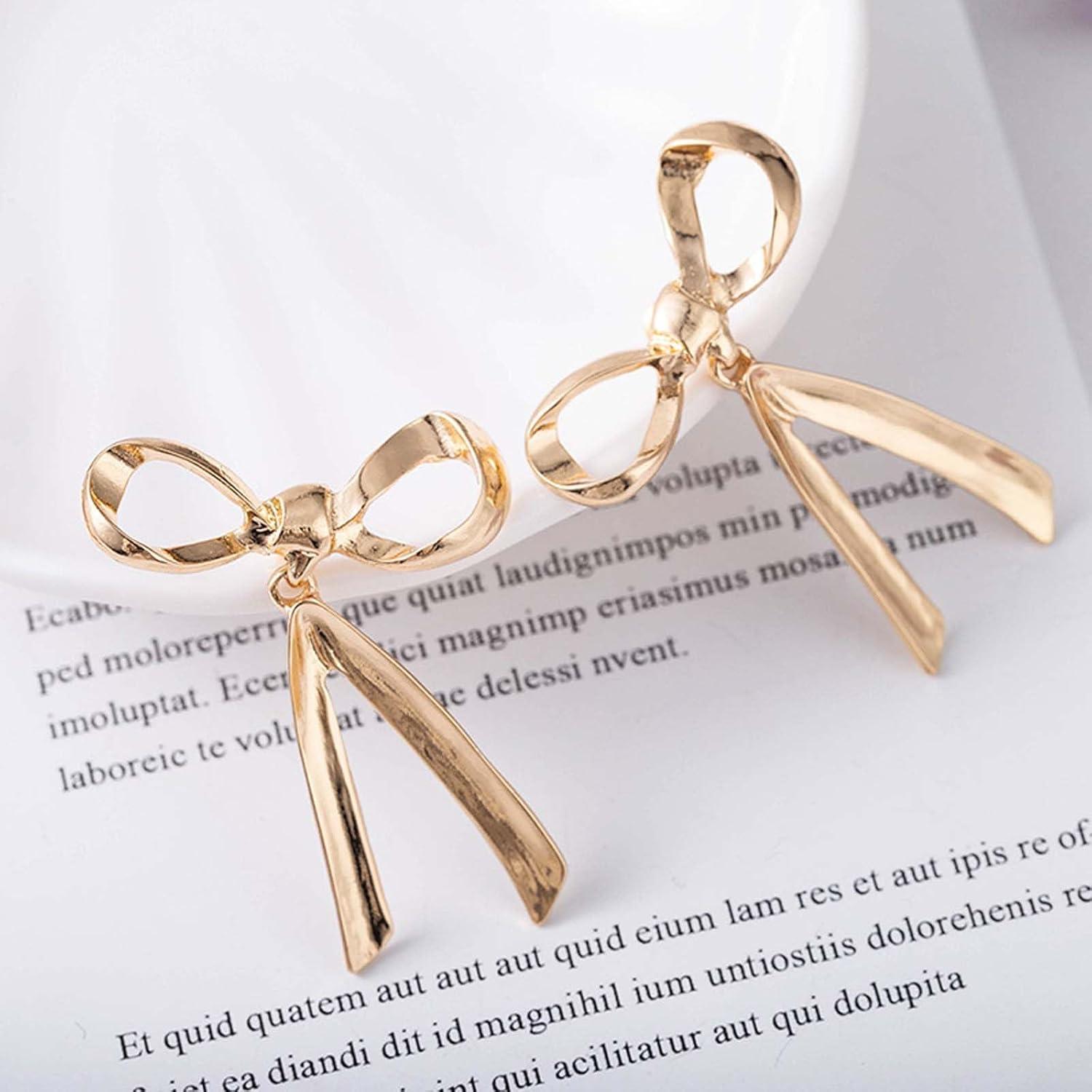 Damen Lange Dangle Schleifen Ohrringe Gold Ohrstecker Ribbon Stud