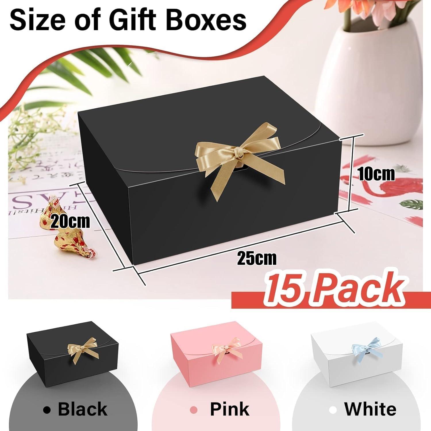 15er Pack Schwarze Geschenkboxen 25x20x10cm mit Goldband