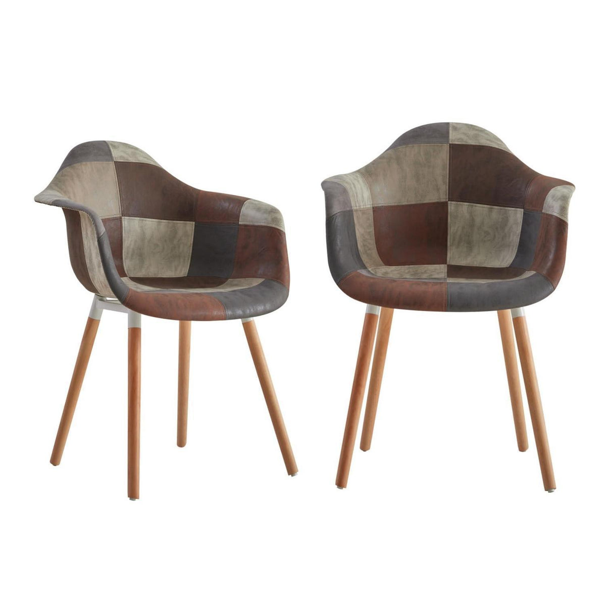 2 Esszimmerstühle Patchwork-Stoff mit Armlehnen, Buchenholz Braun